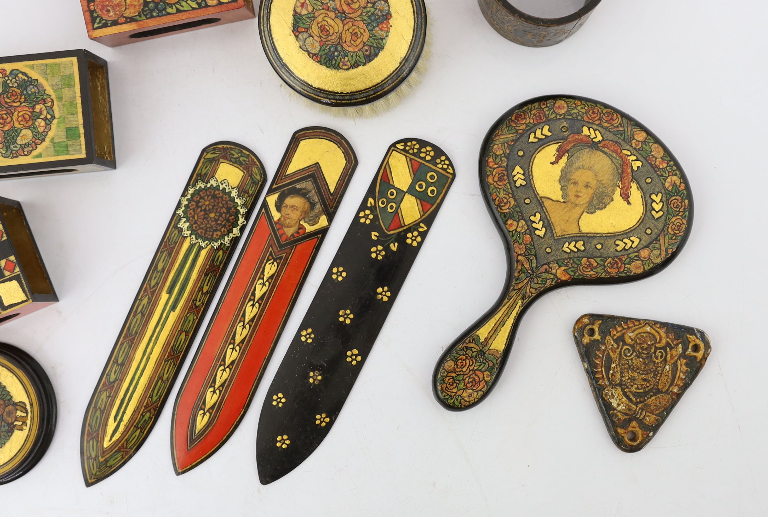 Gwendolen Beatrice White (British, 1904-1981) & Others, Paintings on woodwork, whitewood with stained and gilt gesso decoration